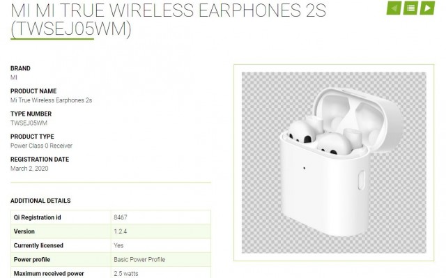 Xiaomi Mi TWS earphones 2S listing