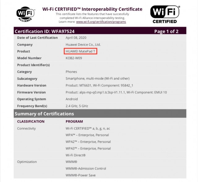 Huawei MatePad T certification