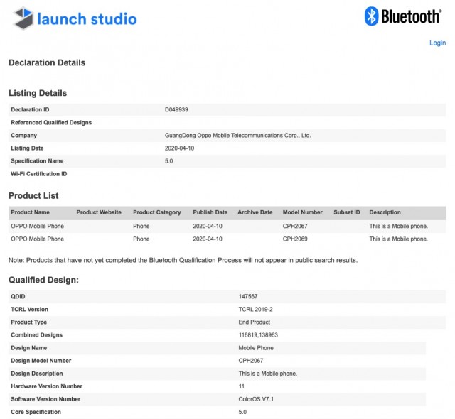 Oppo CPH2067 and CPH2069 Bluetooth certification