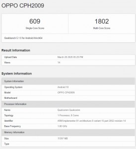 Oppo Reno3 Pro 5G at Geekbench