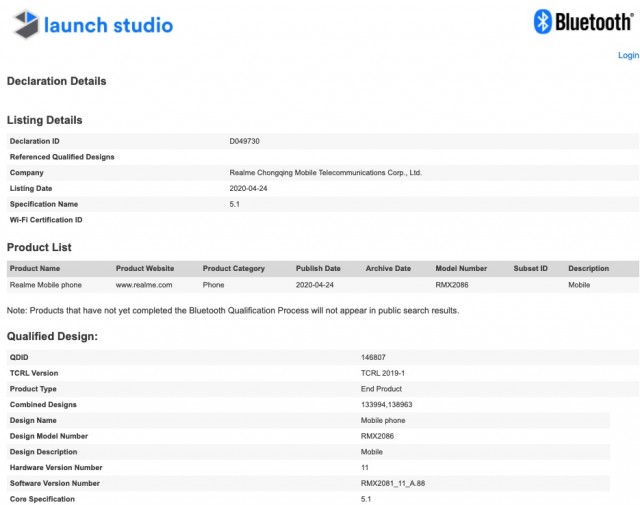 Realme X3 SuperZoom Bluetooth SIG certification