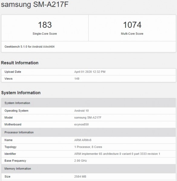 Samsung Galaxy A21s visits Geekbench with an Exynos 850 SoC