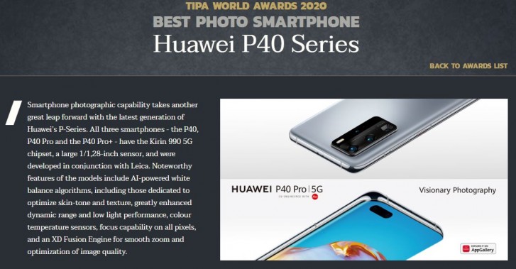 Huawei P40 series win TIPA award for best photo smartphones