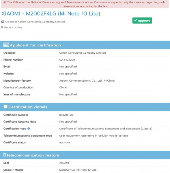 Xiaomi Mi Note 10 Lite gets NBTC certified, launch imminent
