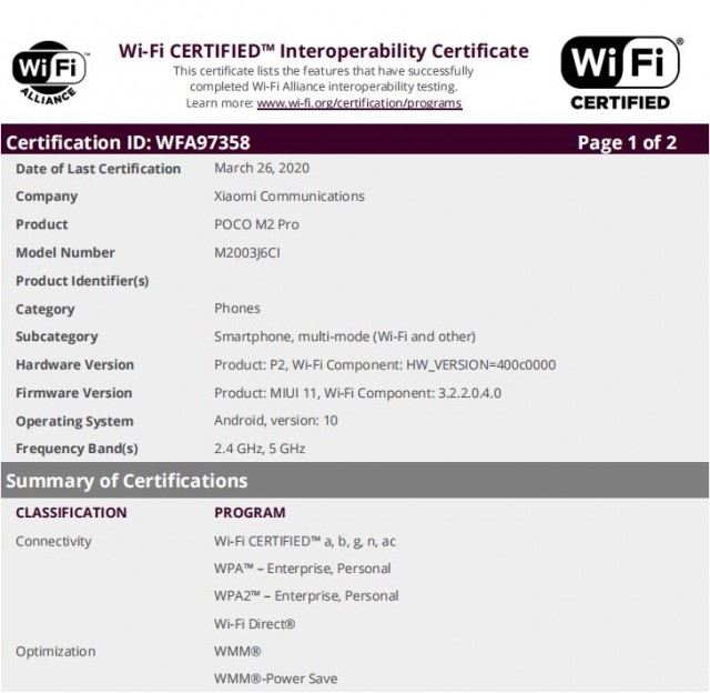 Poco M2 Pro Wi-Fi Alliance listing