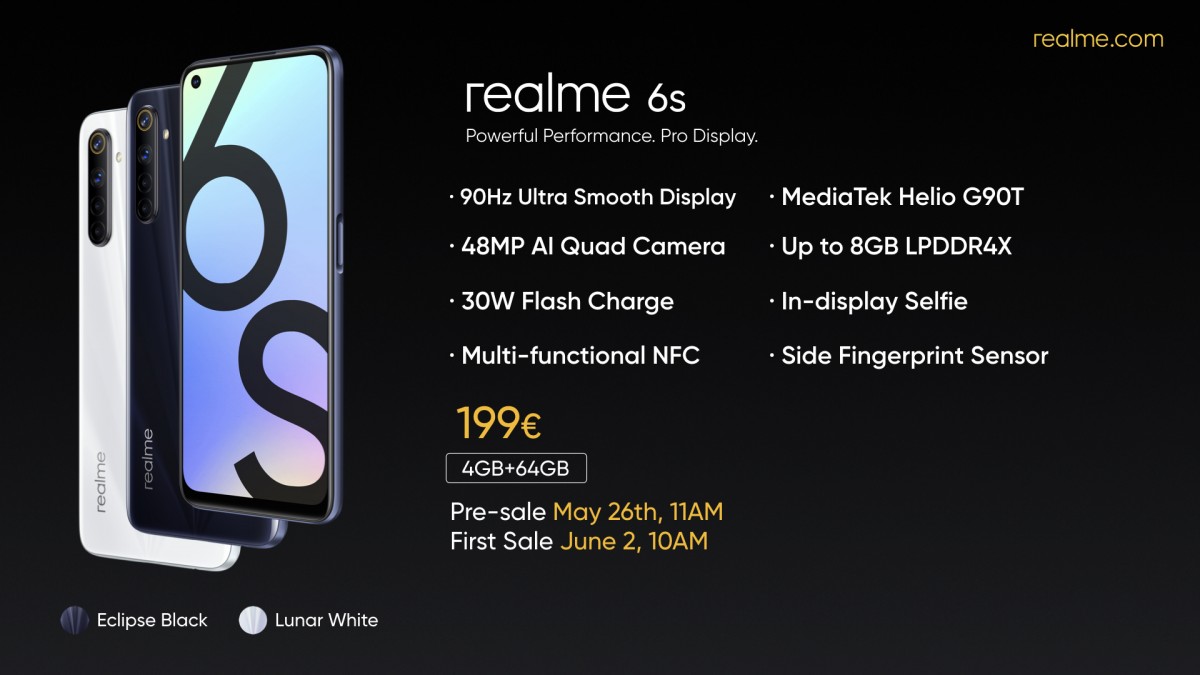 90Hz屏、Helio G90T處理器、4800萬四攝：realme 6s 正式發布；售價€199歐元！ 3