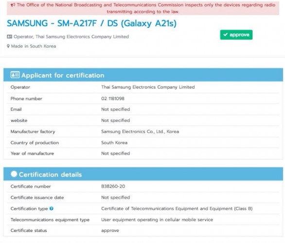 Samsung Galaxy A21s bags NBTC certification, launch imminent