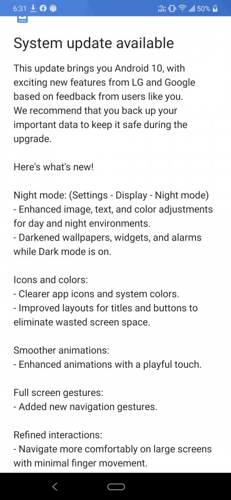 Changelog for the Android 10 update on LG G8X