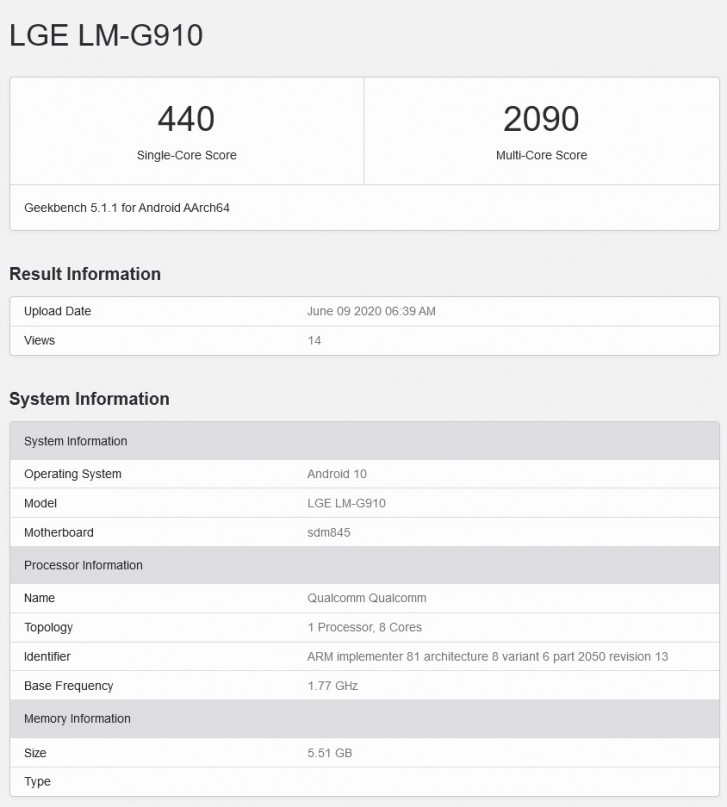 LTE variant of LG Velvet appears in Geekbench with Snapdragon 845 and 6GB of RAM