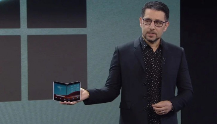 Panos Panay introducing the Surface Duo at a Microsoft hardware event last year