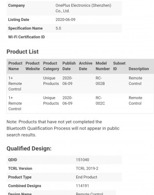 Bluetooth certification for OnePlus TV and One Plus Remote Control