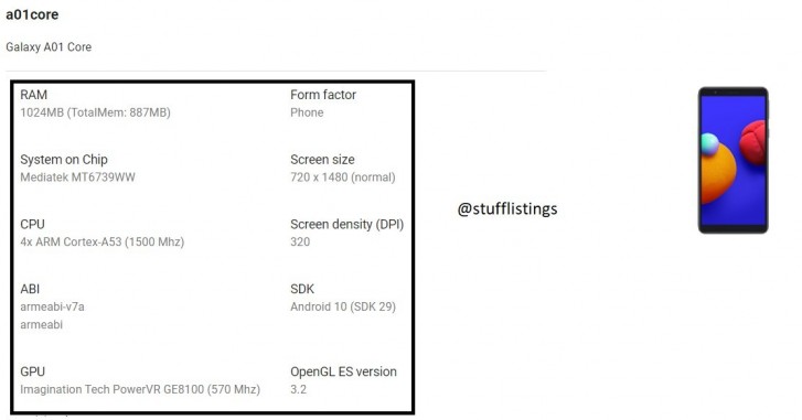 samsung a01 core specs