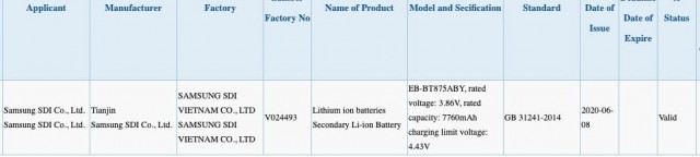 Samsung Galaxy Tab S7 certification