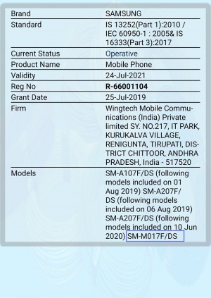 Samsung Galaxy M01s BIS certification