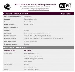 Samsung Galaxy M01s Wi-Fi certification and GeekBench run