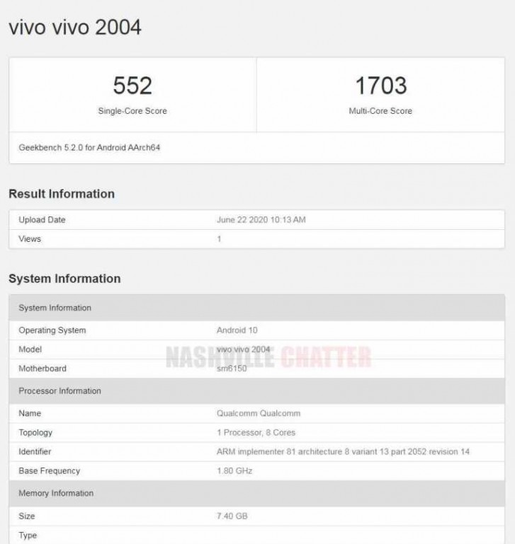 Another vivo midranger with SD675, 8 GB RAM appears on Geekbench