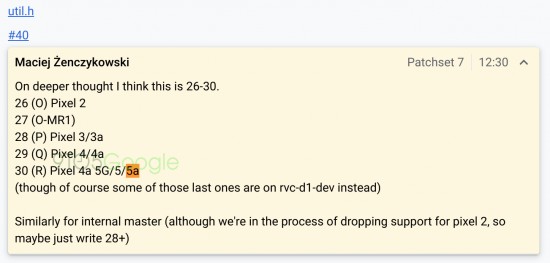 First mention of Google “Pixel 5a” appears in AOSP