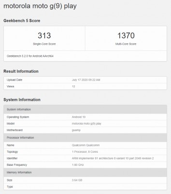Moto G9 Play's score card from Geekbench 5