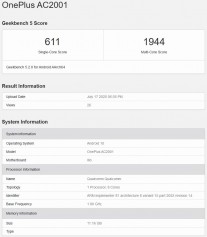 OnePlus Nord (AC2001) GeekBench listings