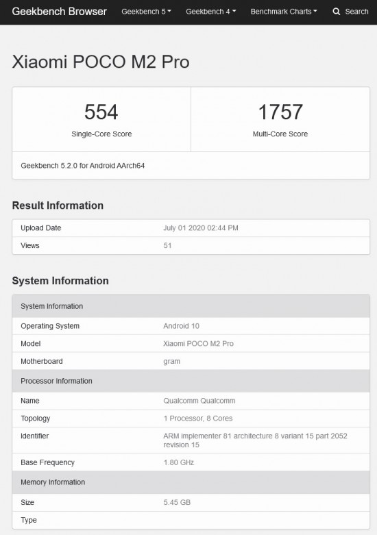 Poco M2 Pro appears in Geekbench with 6GB of RAM and Snapdragon 720