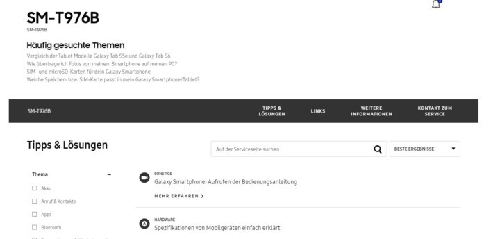 Samsung Germany listed the Samsung Galaxy Tab S7+ 5G on its support page