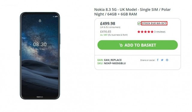 Nokia 8.3 5G listing