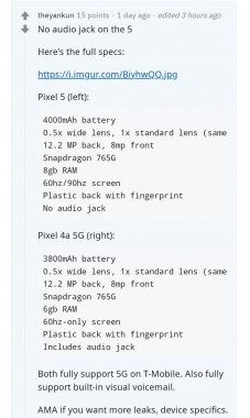 Pixel 5 (black) and Pixel 4a 5G (white) alongside their specs