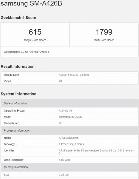 Samsung Galaxy A42 5G passes through Geekbench