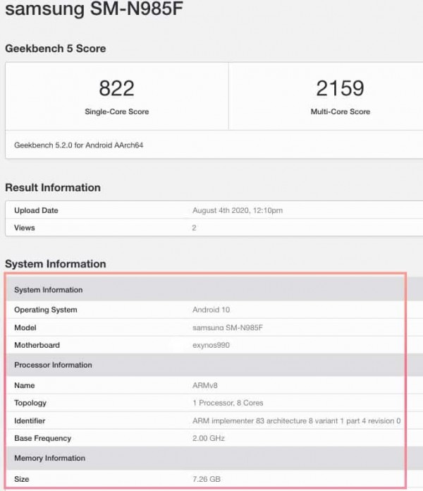 Samsung Galaxy Note20 Ultra LTE underperforms on Geekbench