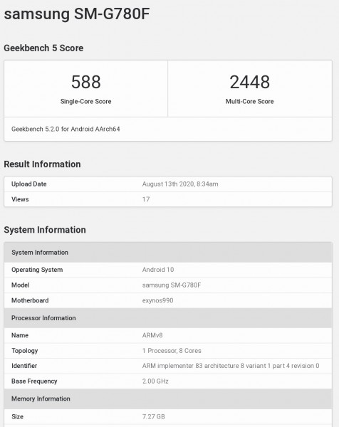 Samsung Galaxy S20 Fan Edition pops up on Geekbench with an Exynos 990 SoC