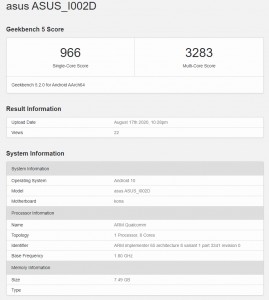 Asus I002D - likely the Zenfone 7 - does Geekbench