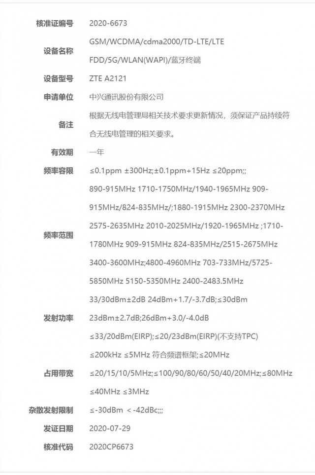 ZTE A20 5G certification on SRRC