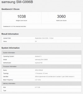 Geekbench 5 result for SM-G966B, presumably the Galaxy S21+