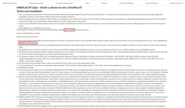 OnePlus 8T quiz terms and conditions page
