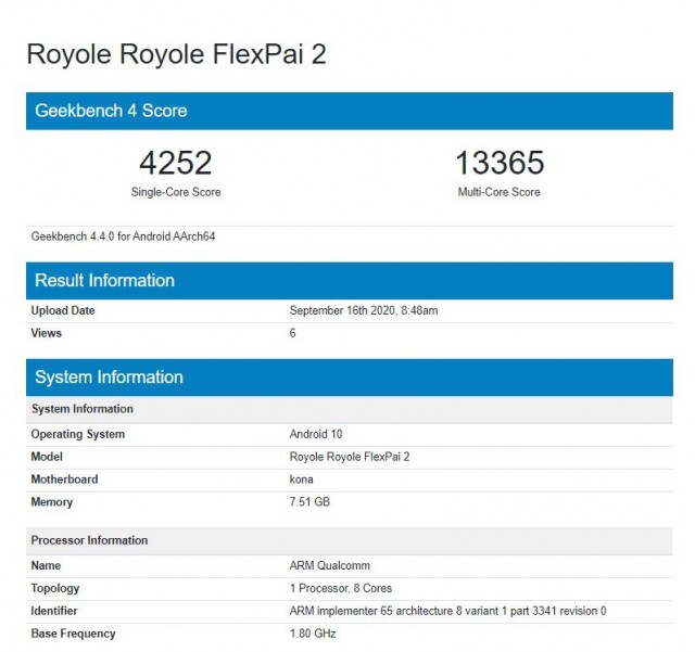 Royole FlexPai 2 Geekbench scorecard