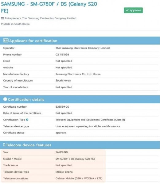 Samsung Galaxy S20 FE bags NBTC certification