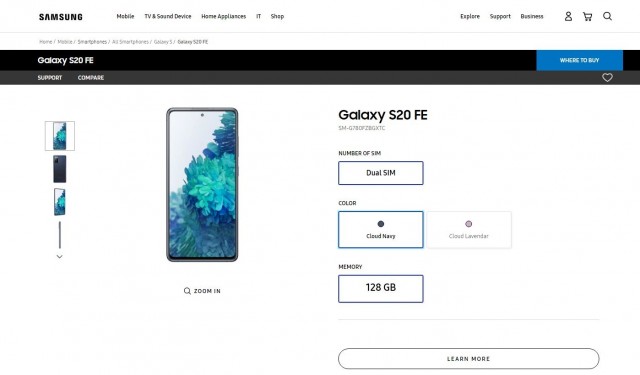 Galaxy S20 FE on Samsung Philippines website