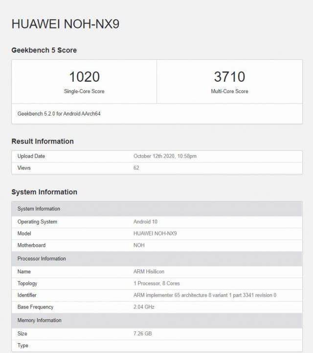 Huawei Mate 40 Pro Geekbench test run