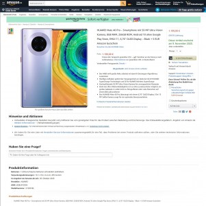 A screen grab of Amazon DE's Huawei Mate 40 Pro page