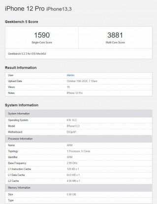 iPhone 12 (left) and iPhone 12 Pro (right) Geekbench runs