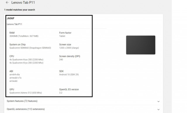 Lenovo Tab P11 Google Play Console listing