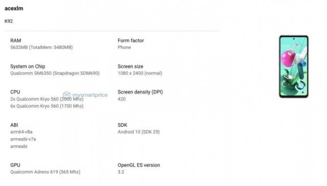 LG K92 listing on Google Play Console