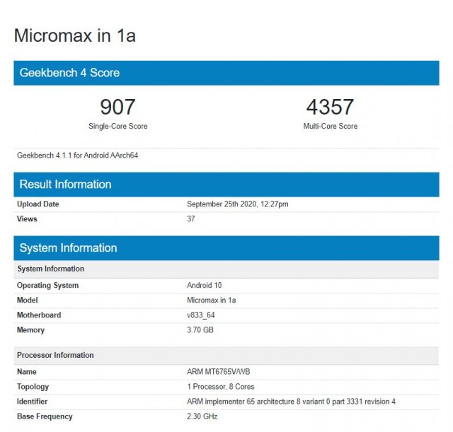 Micromax in 1a Geekench run