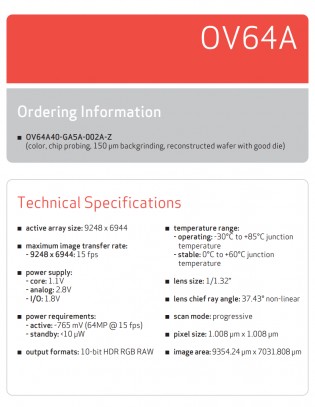 OmniVision OV64A sensor spec sheet: 1/1.34\