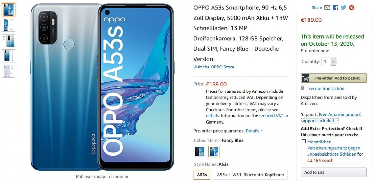 Unannounced Oppo A53s listed on Amazon – images, specs and price in toll