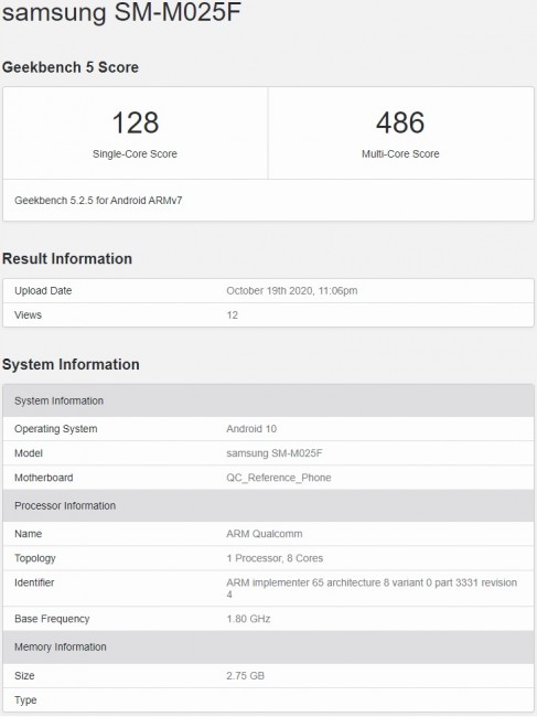 Samsung Galaxy M02 visits Geekbench