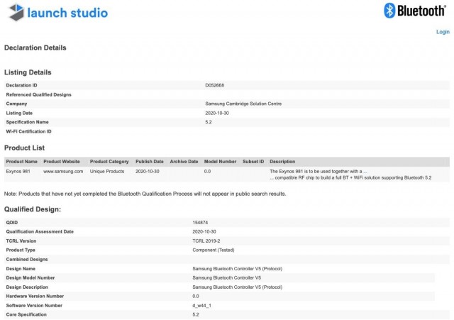 Exynos 981 Bluetooth SIG listing