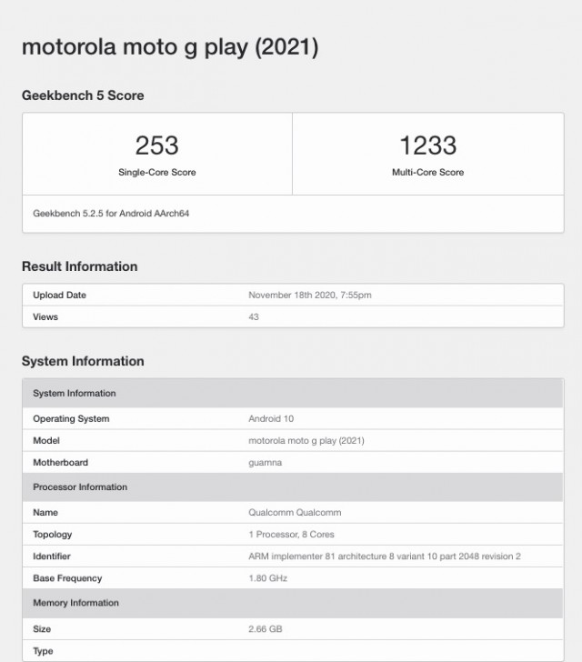 Motorola Moto G Play (2021) Geekbench listing