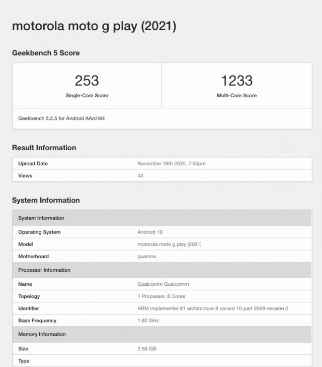 Motorola Moto G Play (2021) passes by Geekbench - GSMArena