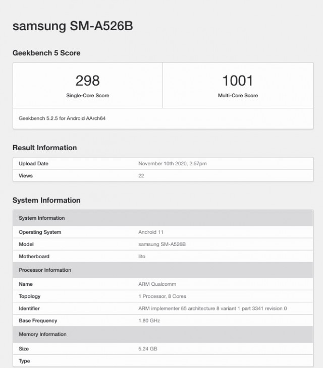 Thẻ điểm Geekbench của Samsung Galaxy A52 5G